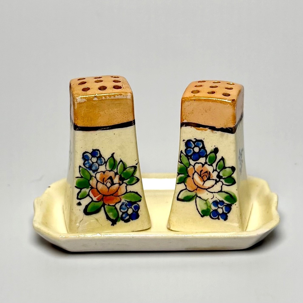 Vintage Pico Japan Occupied  Salt‎ Pepper Shakers Tray Set Floral Hand Painted